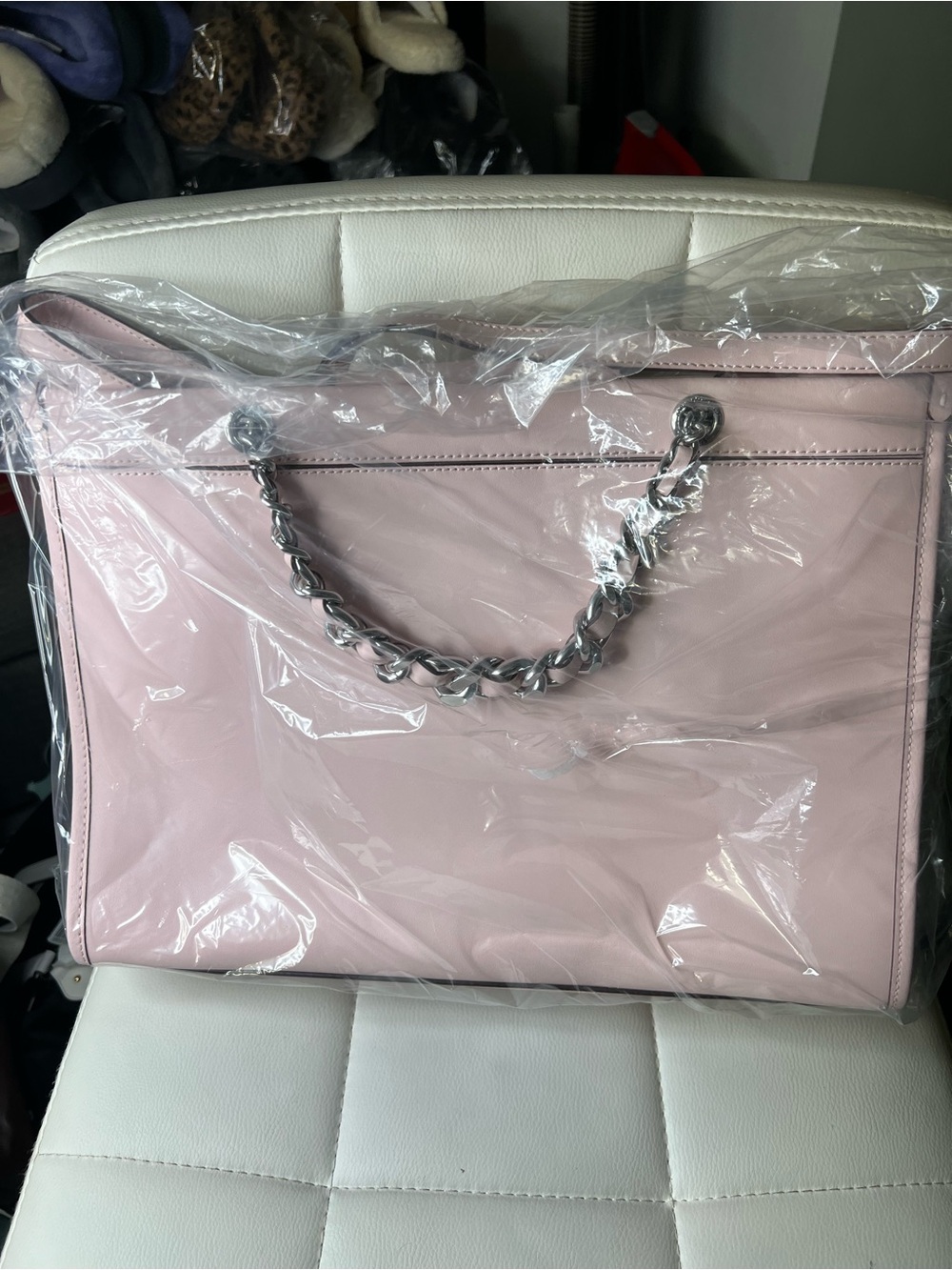 Karl Lagerfeld Pink Leather Tote with Silver Chain Handles - Picture 2 of 3